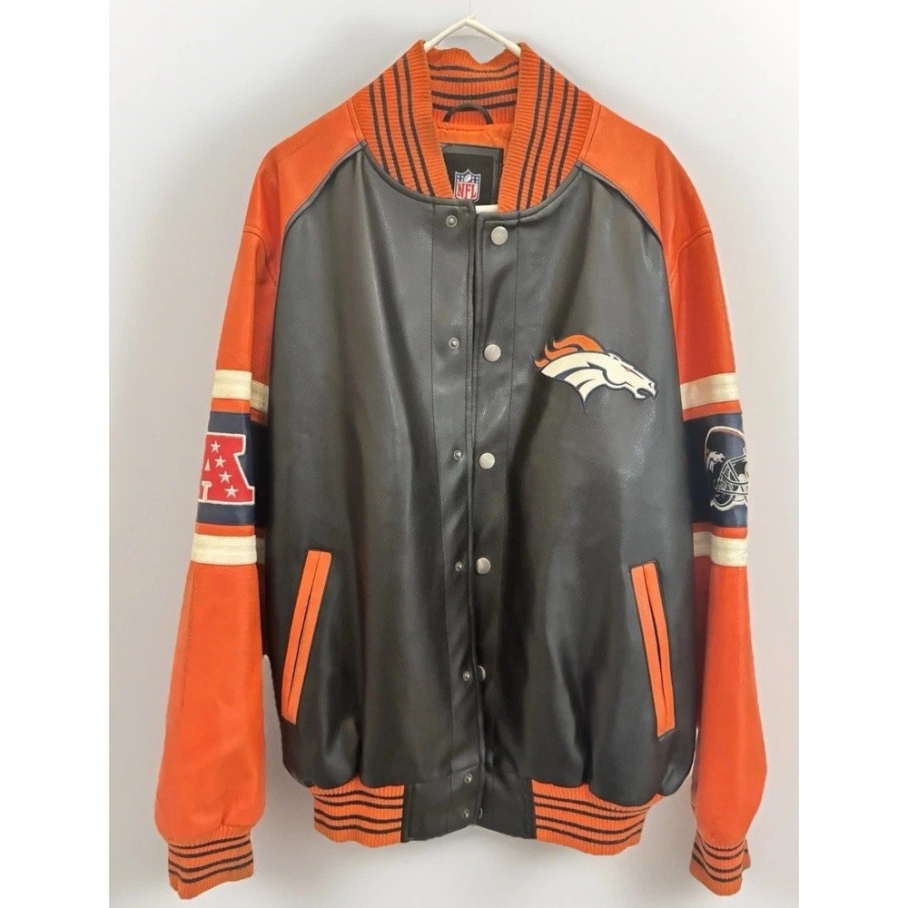 Denver Broncos G-III Faux Leather Jacket L Y2K VTG Bomber NFL